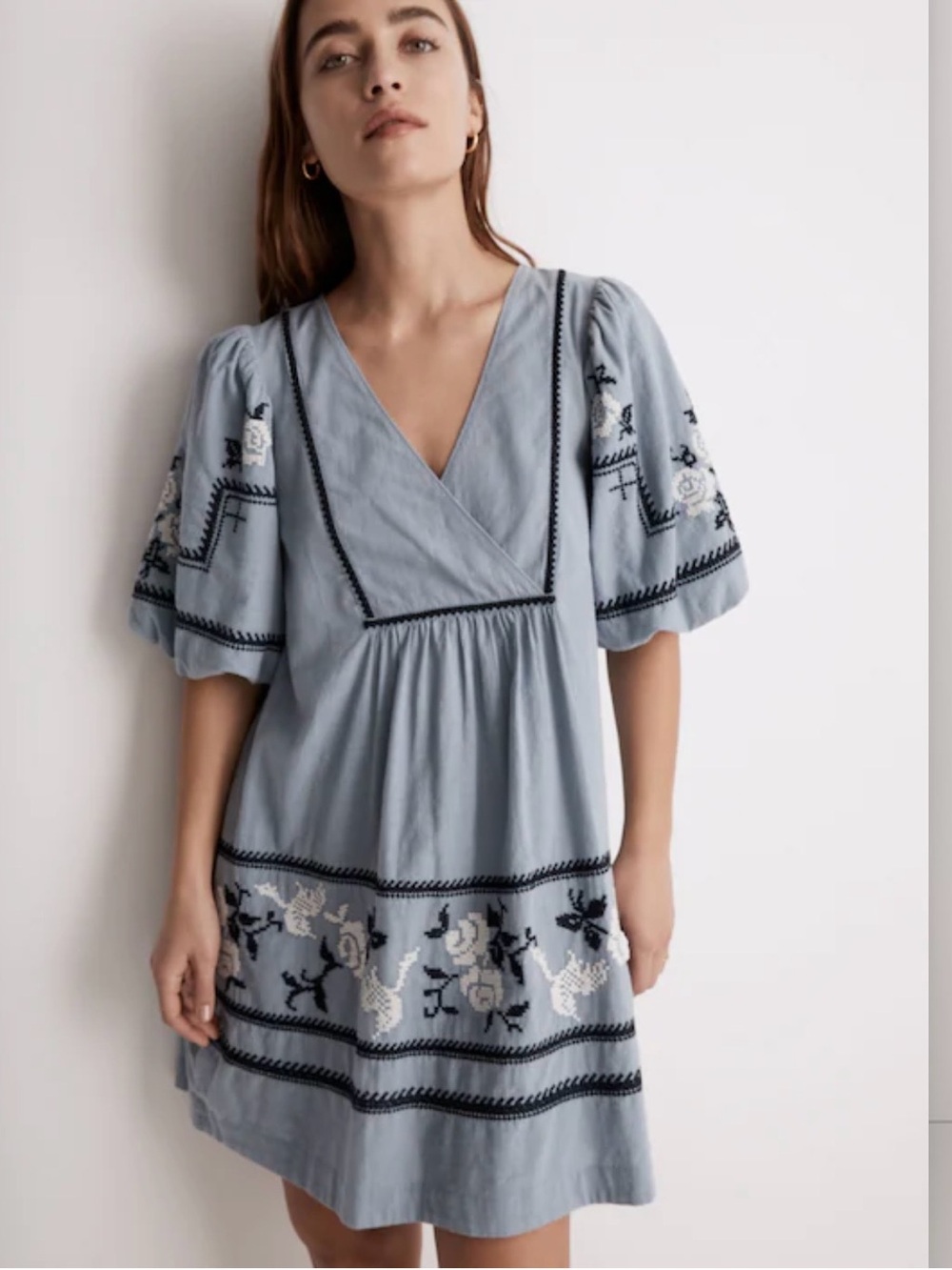 Madewell Embroidered Foldover V-Neck Mini Dress Size 12 Puff Sleeve Needlepoint